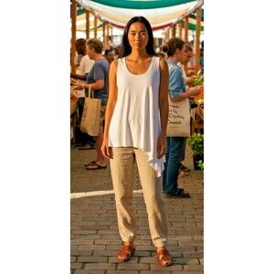 Theory white asymetrical womens tank top Medium boho preppy cottage quiet luxury